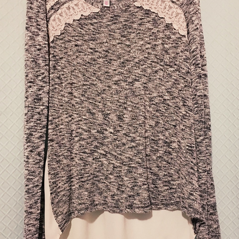 Grey striped long sleeve high low blouse
